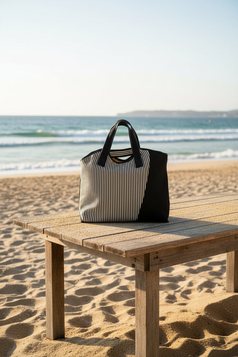 A tote bag with a black and white striped canvas body, solid black side panels and handles, and a blue striped lining, shown resting on a patterned round mat in a cluttered indoor setting.