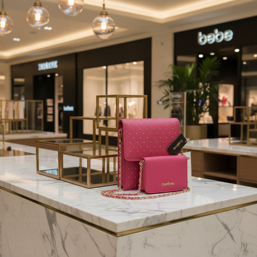 A pink faux-leather crossbody bag with gold studs and a gold chain strap, displayed on a white surface with its black 'babe' brand tag attached.