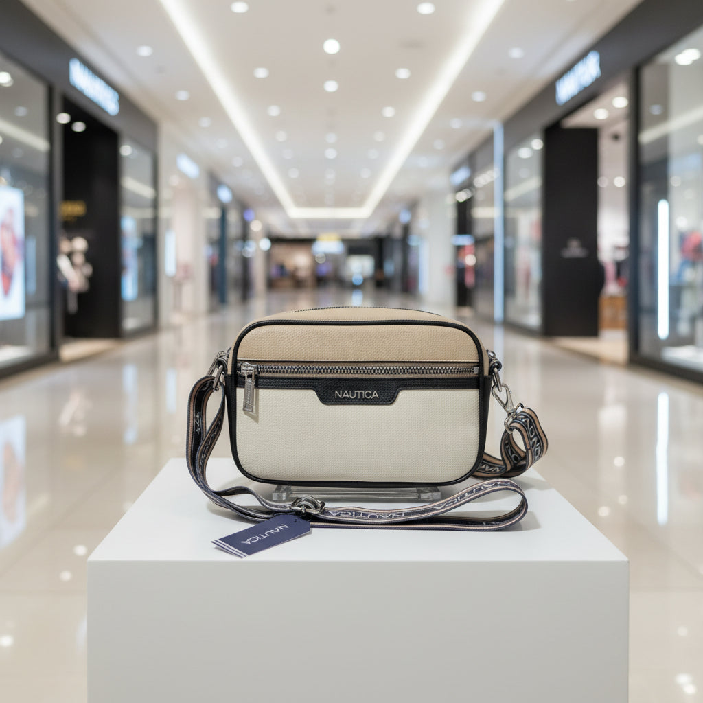 A beige and black Nautica crossbody bag with a patterned strap, displayed on a white surface with its brand tag visible.