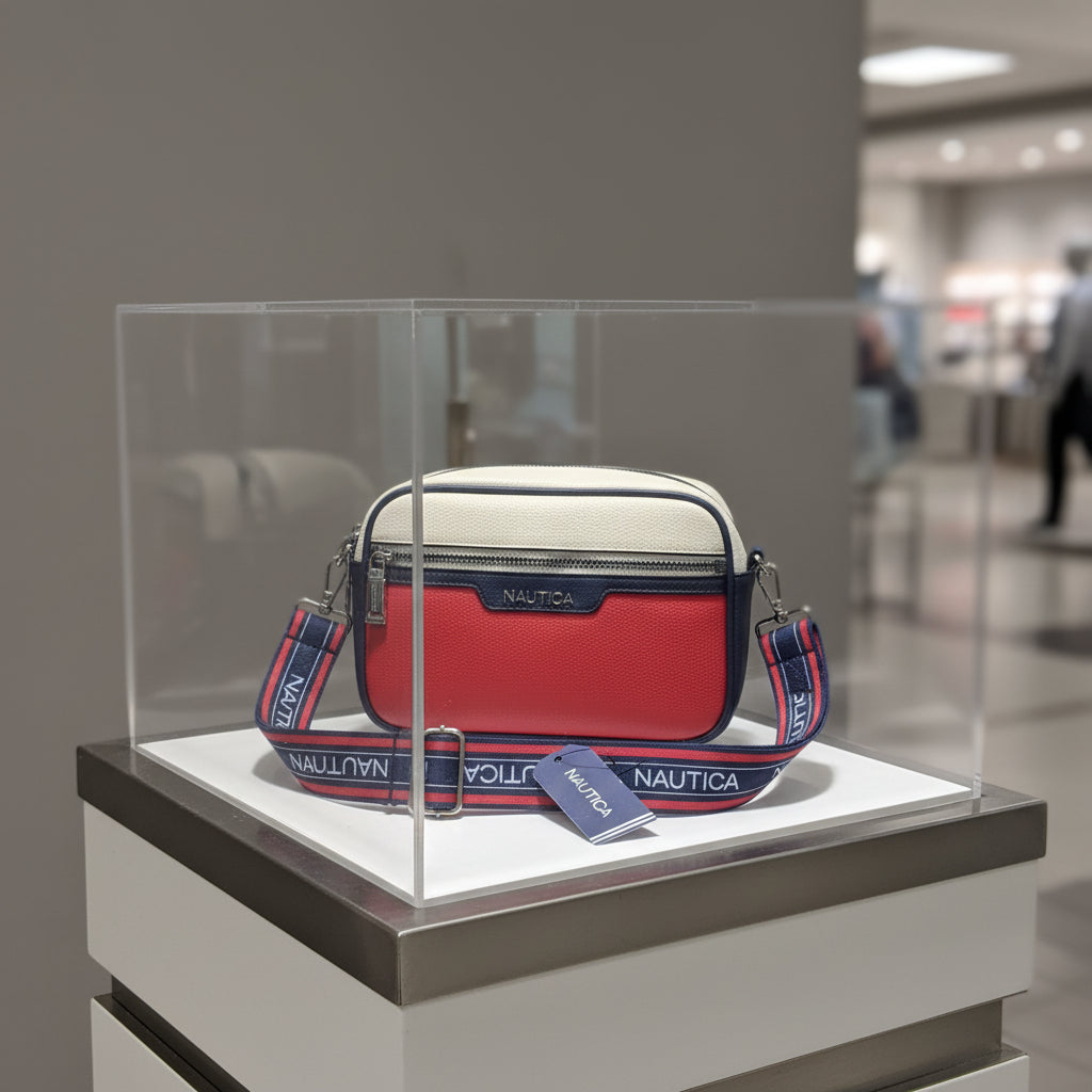 A Nautica crossbody bag with a red and cream pebbled leather body and a navy blue webbed strap featuring the brand name in white. The bag is shown with its retail hangtag on a white surface.