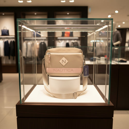 A beige Nautica crossbody bag with a pink brand stripe and a silver-toned logo patch, shown with its packaging tag on a white surface.