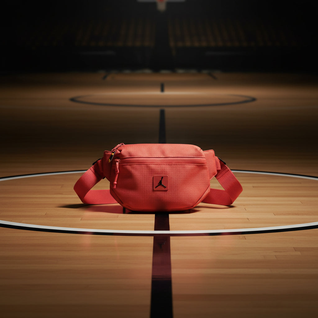 A coral red canvas fanny pack with a black Jumpman logo patch on the front, resting on a white surface with a patterned mat underneath.
