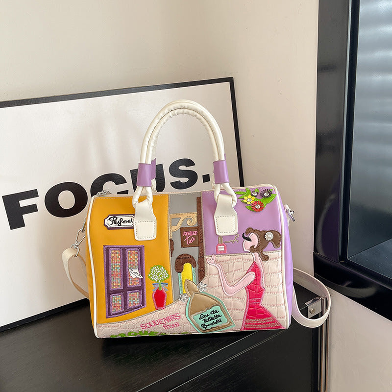 Premium Embroidered Boston Bag - PU Leather Handbag with Patchwork Design