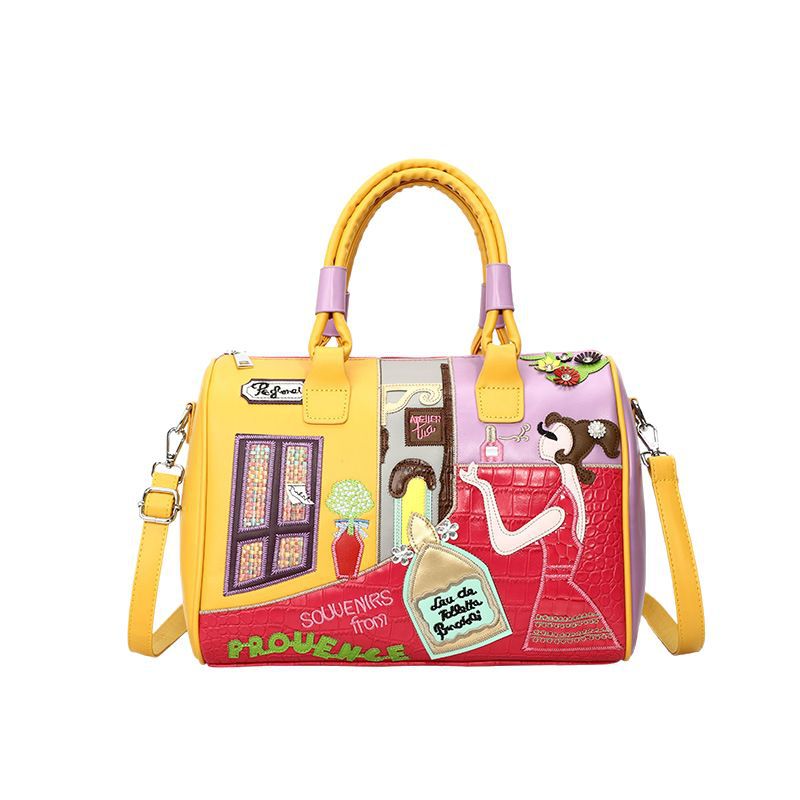 Premium Embroidered Boston Bag - PU Leather Handbag with Patchwork Design