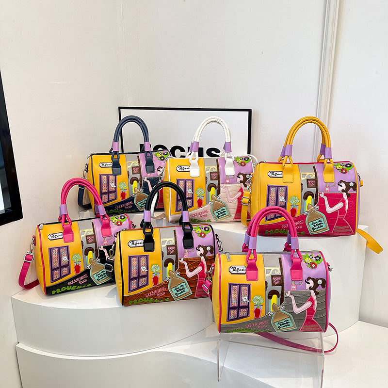 Premium Embroidered Boston Bag - PU Leather Handbag with Patchwork Design