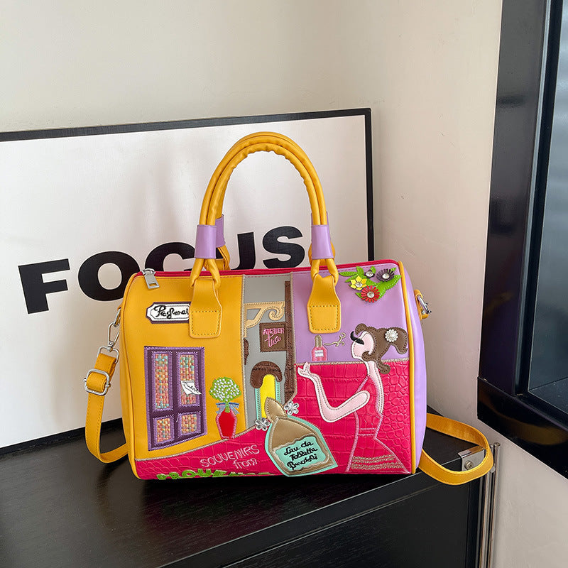 Premium Embroidered Boston Bag - PU Leather Handbag with Patchwork Design