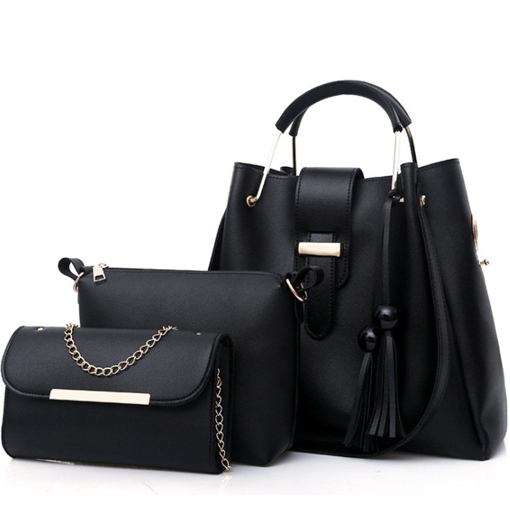 Women's 3-Piece PU Leather Handbag Set | Black